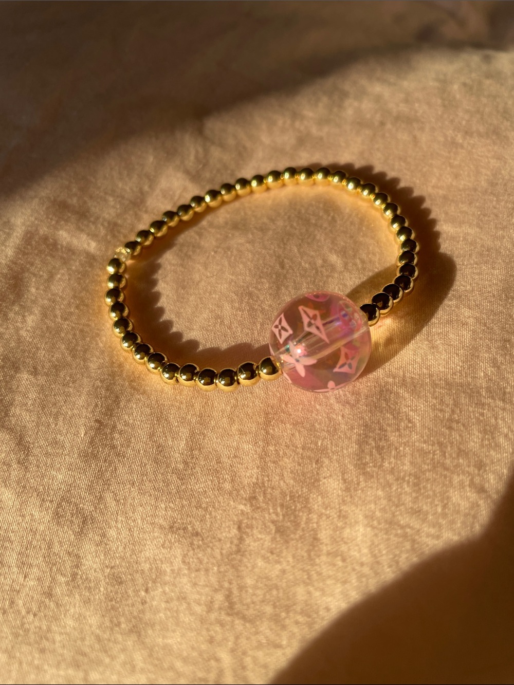 Gold Beaded Bracelet with Pink Accent Bead - Picture 9 of 9